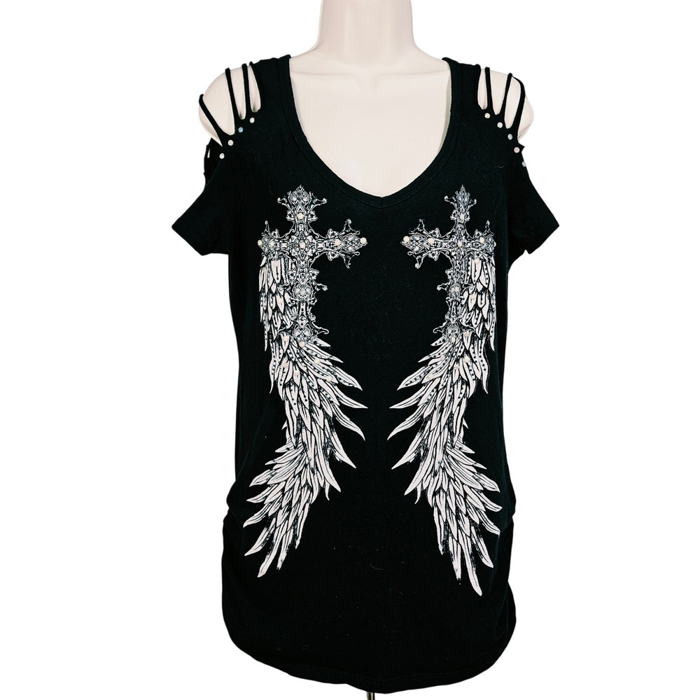Bling Bling Black Angel Wing Cross Rhinestone Top M Grunge Biker Goth Streetwear